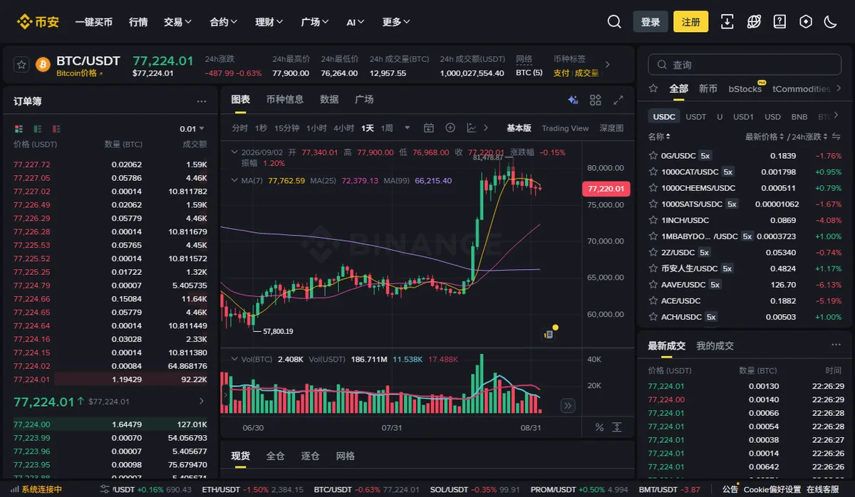 币安现货交易页面截图，顶部一行依次是价格、24h 涨跌、24h 最高最低、24h 成交量，左侧是订单簿，中间是 K 线与成交量柱